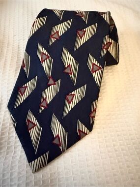 Austin Grey Navy Geometric Silk Tie with Cream Stripes and Burgundy Triangles